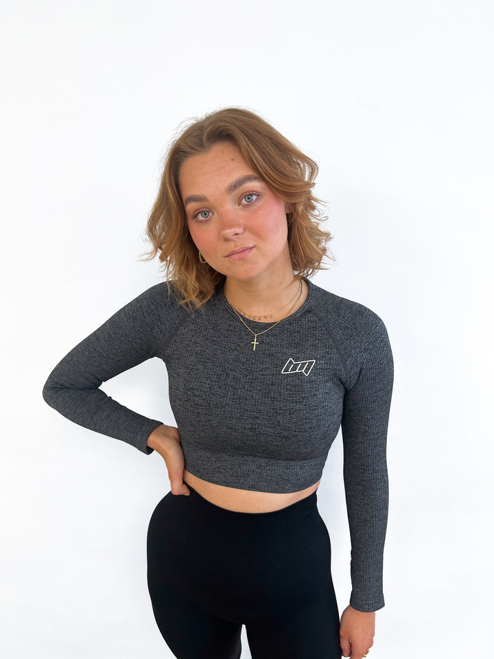 BM Seamless Ribbed Long Sleeve Cropped Top Dark Grey